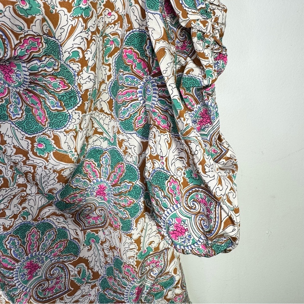VERONICA BEARD Henrieta Ruched Paisley-print Stretch Silk Blouse Size 6 - Picture 9 of 14